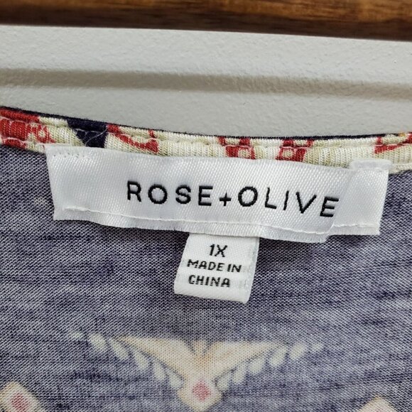 Rose + Olive Womens 3/4 Sleeve Scoop Neck Knit Top Blouse Plus Size 1X Red Blue - Picture 11 of 15